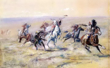 monochrome black white Painting - when sioux and blackfoot meet 1904 Charles Marion Russell American Indians